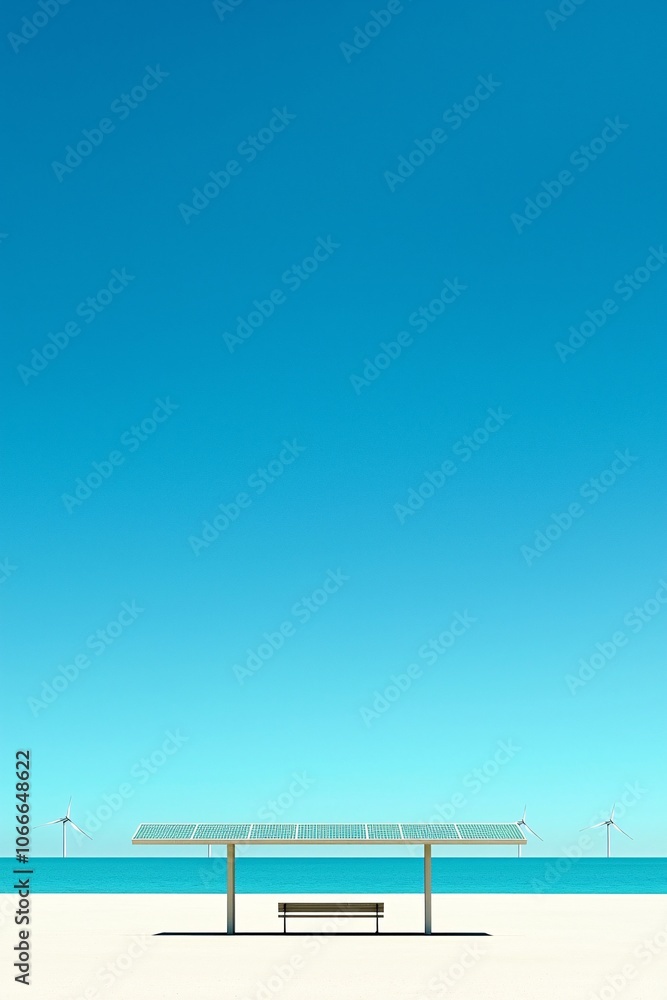 Poster a clean energy plant with wind turbines and solar panels lined up across an open field, set under cl