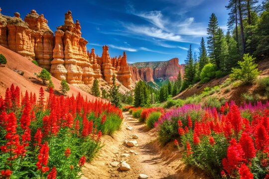 Firecracker Penstemon Blooming Along the Trail in Bryce Canyon National Park - Vibrant Wildflowers and Stunning Landscape Photography