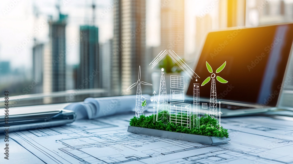 Poster an architect s desk with a blueprint that includes net zero carbon symbols and icons for renewable e