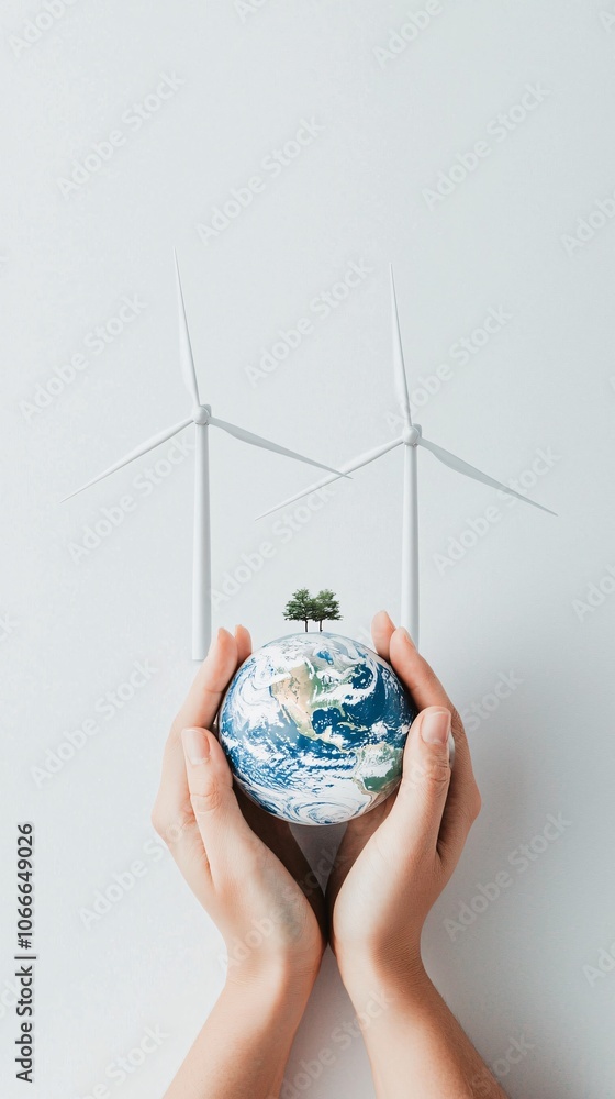 Poster a person holding a small globe with wind turbines and trees, symbolizing a commitment to net zero ca