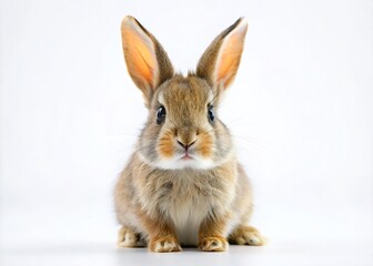 Obraz premium Charming baby rabbit perched on a pristine white background, ideal for pet lovers and nature enthusiasts seeking