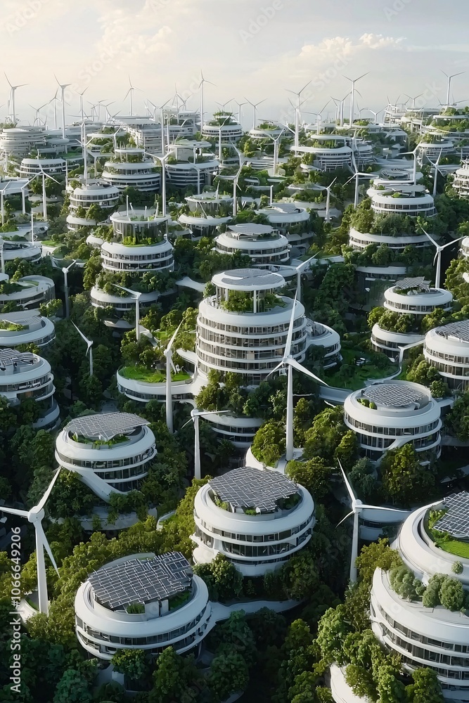 Aufkleber a futuristic city with renewable energy infrastructure such as wind turbines and solar panels, demon