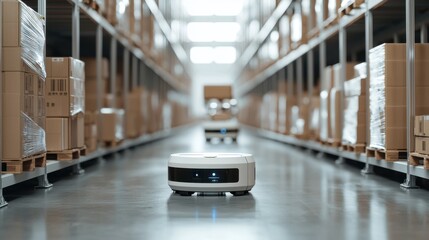 Warehouse management concept. A robotic device navigates a warehouse aisle surrounded by stacked cardboard boxes showcasing automation in inventory management