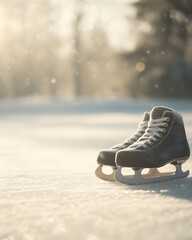 close up of pair of ice skates resting on snowy surface, illuminated by soft sunlight. serene winter scene evokes sense of tranquility and nostalgia for ice skating
