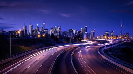 Obraz premium Night Cityscape with Highway and City Skyline