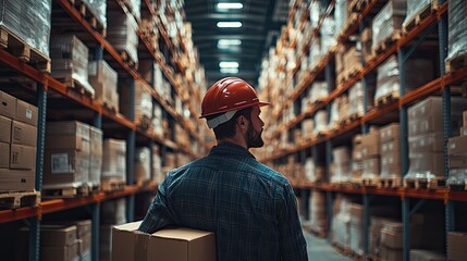 Fototapeta premium A warehouse worker walks down an aisle of shelves stacked with cardboard boxes, holding a box in his hand.