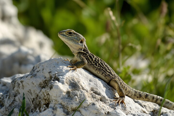 Obraz premium Lizard basking on a warm rock under sunlight