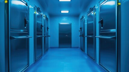Naklejka premium A sterile blue corridor lined with industrial freezers and bright overhead lights, evoking a sense of cold precision.