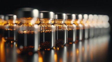A row of glass vials filled with liquid, highlighting the intricate details and reflections, on a dark background.