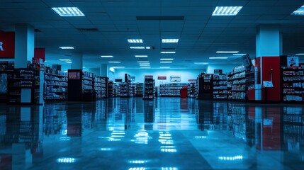 Empty supermarket aisle at night with fluorescent lighting reflecting on wet floor.