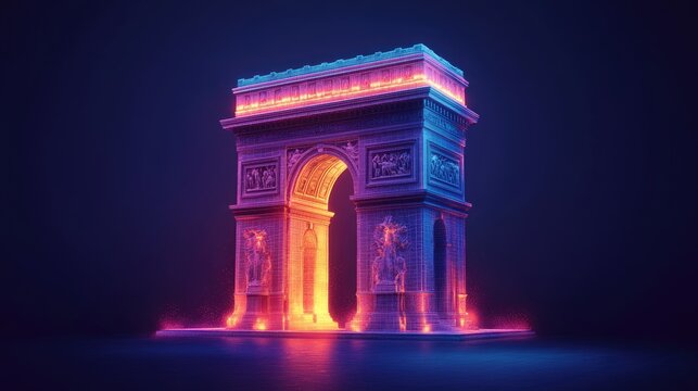 A 3D rendering of the Arc de Triomphe, illuminated by neon lights.