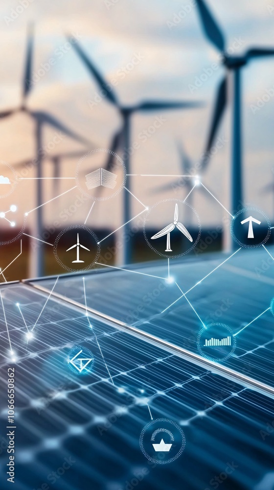 Poster a digital infographic with a balance between emissions and renewable energy icons, representing net 
