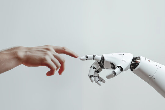 A white cyborg robotic hand with an extended finger pointing toward a human hand with an extended finger. AI robot finger and human finger making contact, isolated on a gray background.