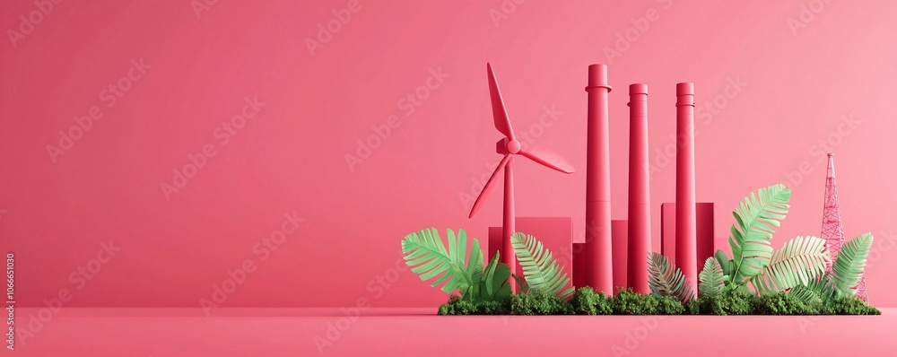 Poster a clean energy plant surrounded by green foliage and carbon-neutral symbols, visualizing the transit