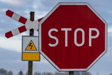 Obraz premium SIGN STOP - A red mark on a railway crossing