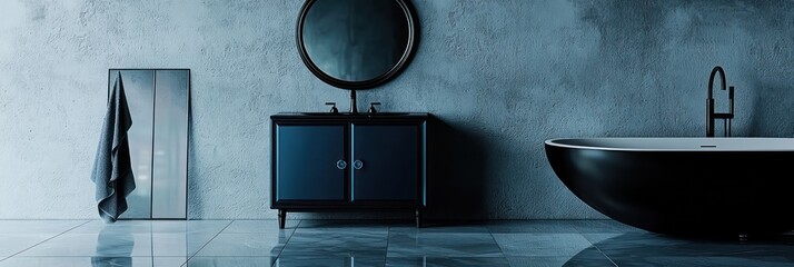 Luxurious bathroom scene with sapphire accents and polished flooring.