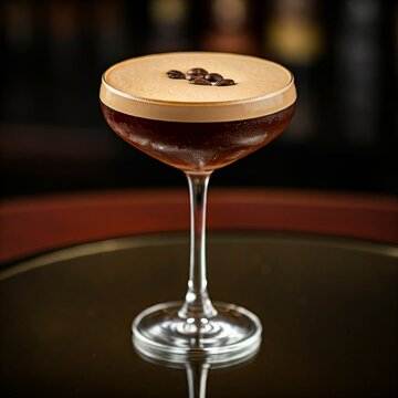 a glass filled with a foamy espresso martini, garnished with coffee beans, on a mirrored surface, holiday drinks, party drinks, bar drinks, espresso martini, cocktail, vodka, coffee liqueur, espresso,