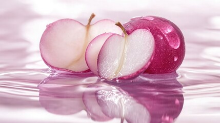 Fresh Pink Fruit Slices on Reflective Water Surface