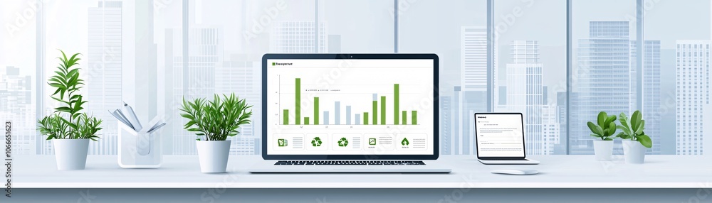 Poster a desktop with eco-friendly icons and charts showcasing carbon-neutral policies, set in a modern wor