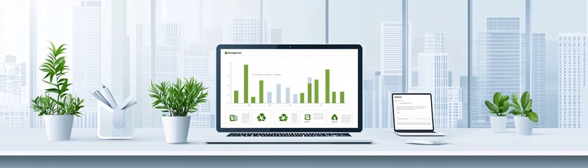 A desktop with eco-friendly icons and charts showcasing carbon-neutral policies, set in a modern workspace with plenty of copy space for text.