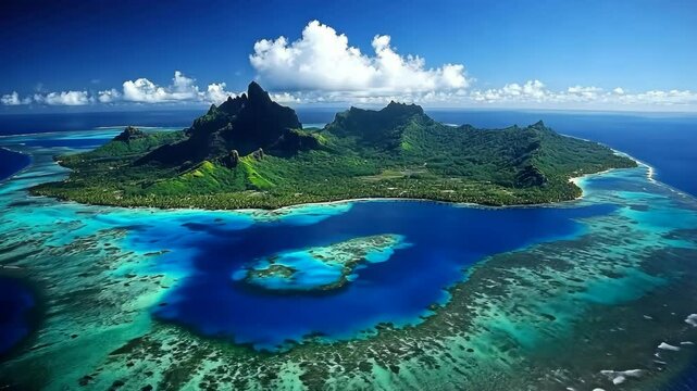 An aerial view of Bora Bora, showing the lush green island and surrounding turquoise lagoon