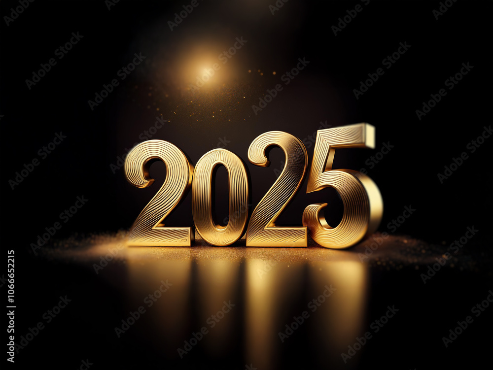Poster a three-dimensional, gold-colored rendering of the year 2025 on a dark background with a spotlight s