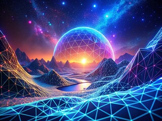 Futuristic Abstract Background with Wireframe Landscape Design in Low Light Photography, Neon Colors, Geometric Shapes, Digital Art, Tech Aesthetic, Sci-Fi Visuals, and Creative Composition