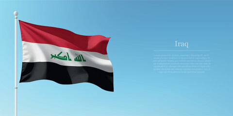 Waving Flag of Iraq Against Clear Blue Sky Copyspace