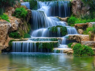 Fototapeta premium A lush waterfall cascading into a tranquil pool symbolizing the flow of shared efforts for peace