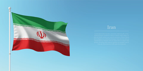 Waving Flag of Iran Against Clear Blue Sky Copyspace