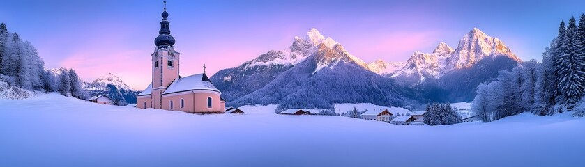 Fototapeta premium Church and Village in a Snowy Mountain Valley at Sunset