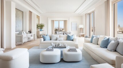 Fototapeta premium Modern Living Room with White Couches and Blue Pillows