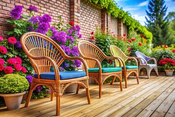 Obraz premium White brick balcony, rattan chairs, and a blooming flower garden.