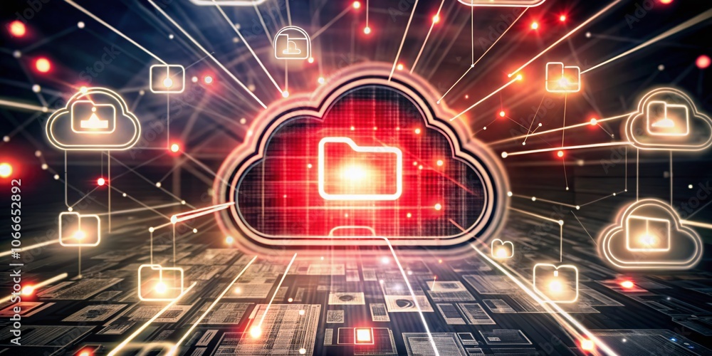 Poster futuristic cloud technology icon with floating documents, symbolizing data storage and network conne