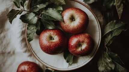 Fresh Red Apples on Plate with Green Leaves