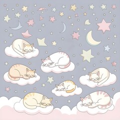 Cute cats sleeping on clouds surrounded by stars and moons in soft pastel colors. 