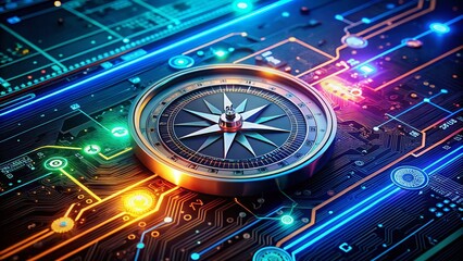 Futuristic Compass on Digital Circuit Board with Neon Lights - Advanced Technology, Navigation, Cyberpunk Aesthetics, Sci-Fi Elements, Modern Design, Virtual Reality, Innovation, Digital Art,
