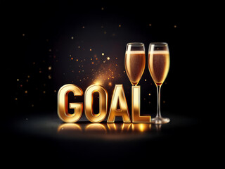 Two champagne flutes stand beside a 3D gold "GOAL" on a dark background with sparkling light.