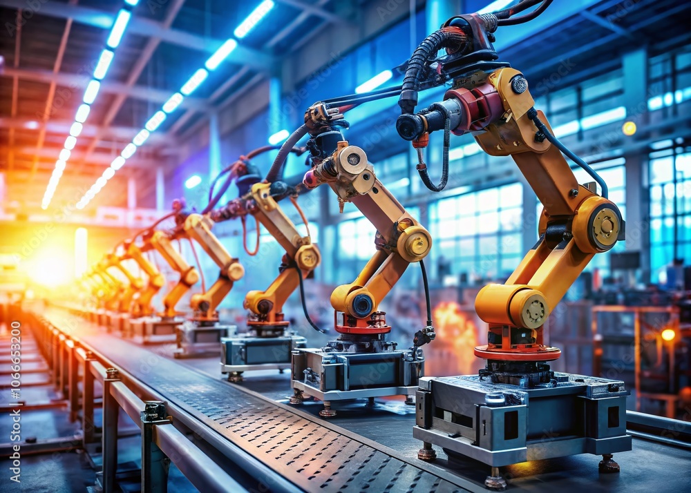 Aufkleber futuristic factory with robotic arms in bokeh effect - assembly line technology, automation, robotic