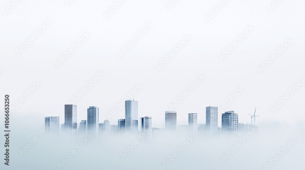 Aufkleber a futuristic city skyline powered by clean energy sources, with wind turbines and solar panels at th