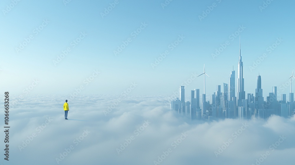 Poster a futuristic city skyline powered by clean energy sources, with wind turbines and solar panels at th