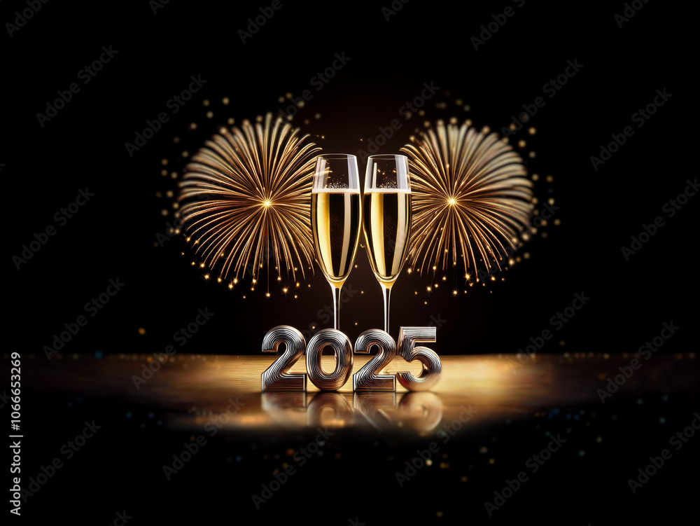 Poster two champagne flutes stand in front of the number 2025 with golden fireworks in the background.