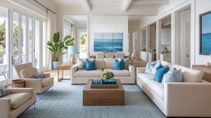 Modern Coastal Living Room with White Sofas, Blue Pillows, and Ocean Art