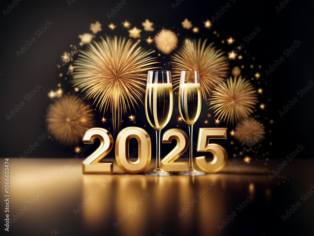Poster a golden 2025 sits in front of two champagne flutes against a dark background with sparkling golden 