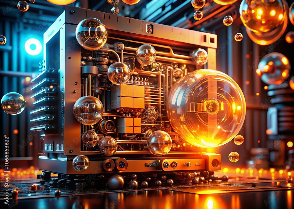 Poster futuristic machine with glowing orange circuits and close-up of bubbles in a high-tech environment