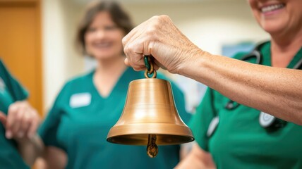 Person ringing a bell after completing cancer treatment, surrounded by supportive medical staff   cancer treatment success, celebration