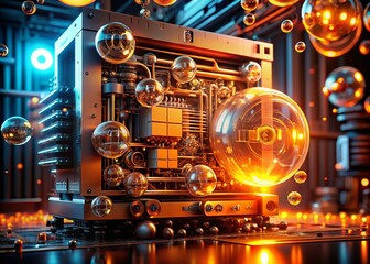 Futuristic Machine with Glowing Orange Circuits and Close-Up of Bubbles in a High-Tech Environment