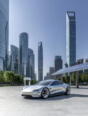 Naklejka premium An electric car parked by a solar charging station, set against a modern city backdrop showcasing net zero carbon goals. The image has clean, open copy space for text.