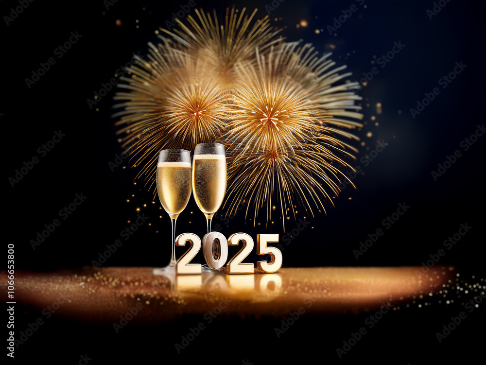 Poster Two champagne flutes filled with bubbly stand in front of the number 2025 with golden fireworks exploding in the background.