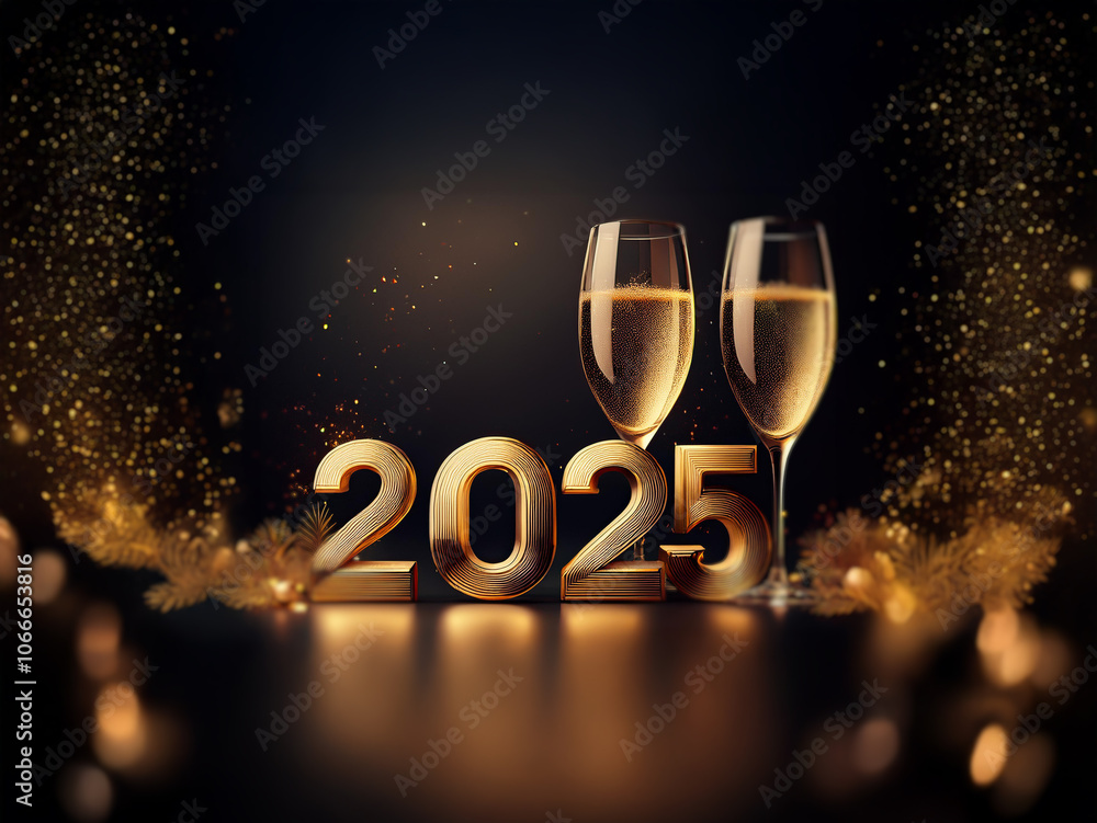 Poster Two champagne flutes filled with bubbly stand in front of the gold-toned numbers 2025.  Glittering lights and particles illuminate the scene.